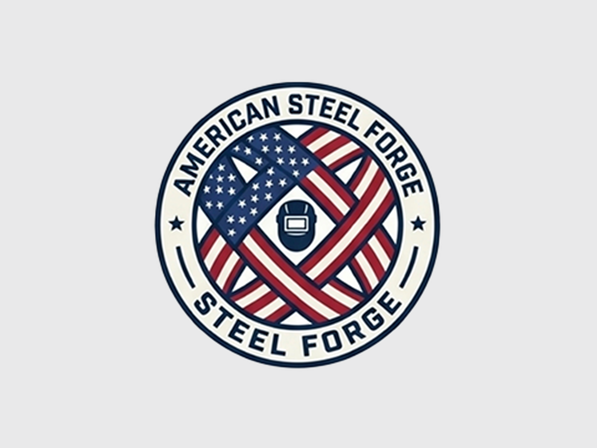 American Steel Forge crest, a welding helmet inside stars and stripes ribbon