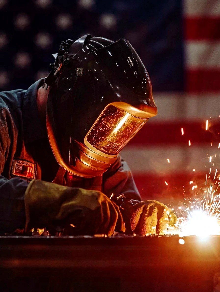 Welder in helmet and gloves welding steel, sparks flying, American flag in the background
